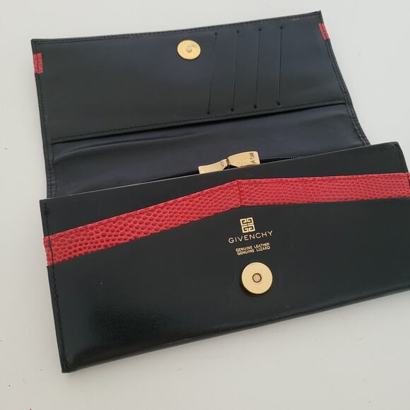 Givenchy Vintage Lizard Leather Wallet Black Red Logo Envelope Large Clutch - Picture 3 of 16